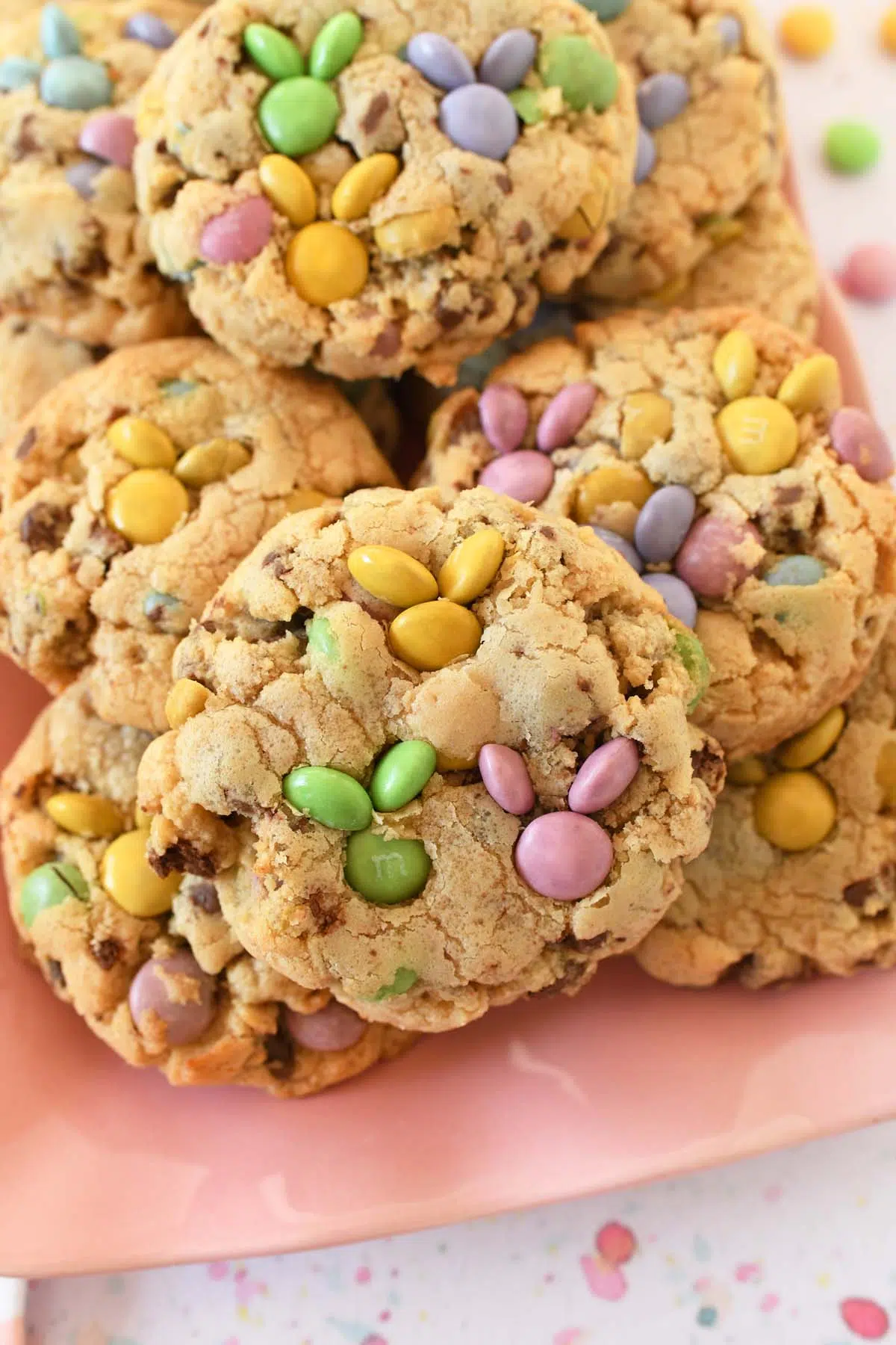 M&Ms shaped like a bunny on thick chocolate chip cookies.