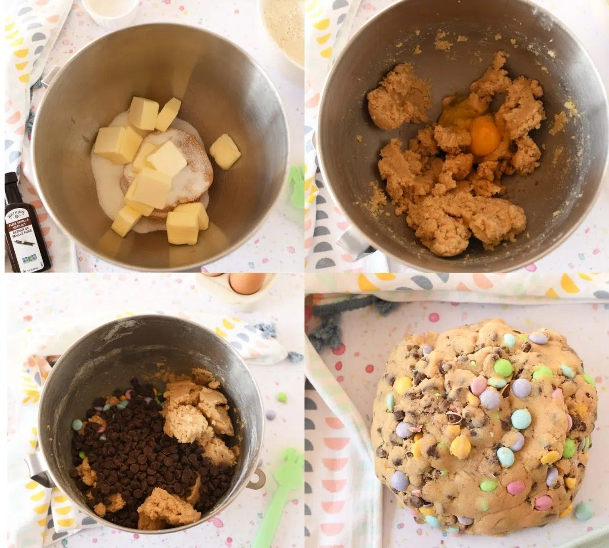 A four-image collage showcasing the steps to create M&M Easter cookie dough.