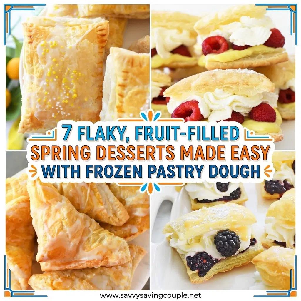 A four image collage of bright spring puff pastry desserts. The image contains text that reads: 7 flaky, fruit-filled spring desserts made easy with frozen puff pastry dough.
