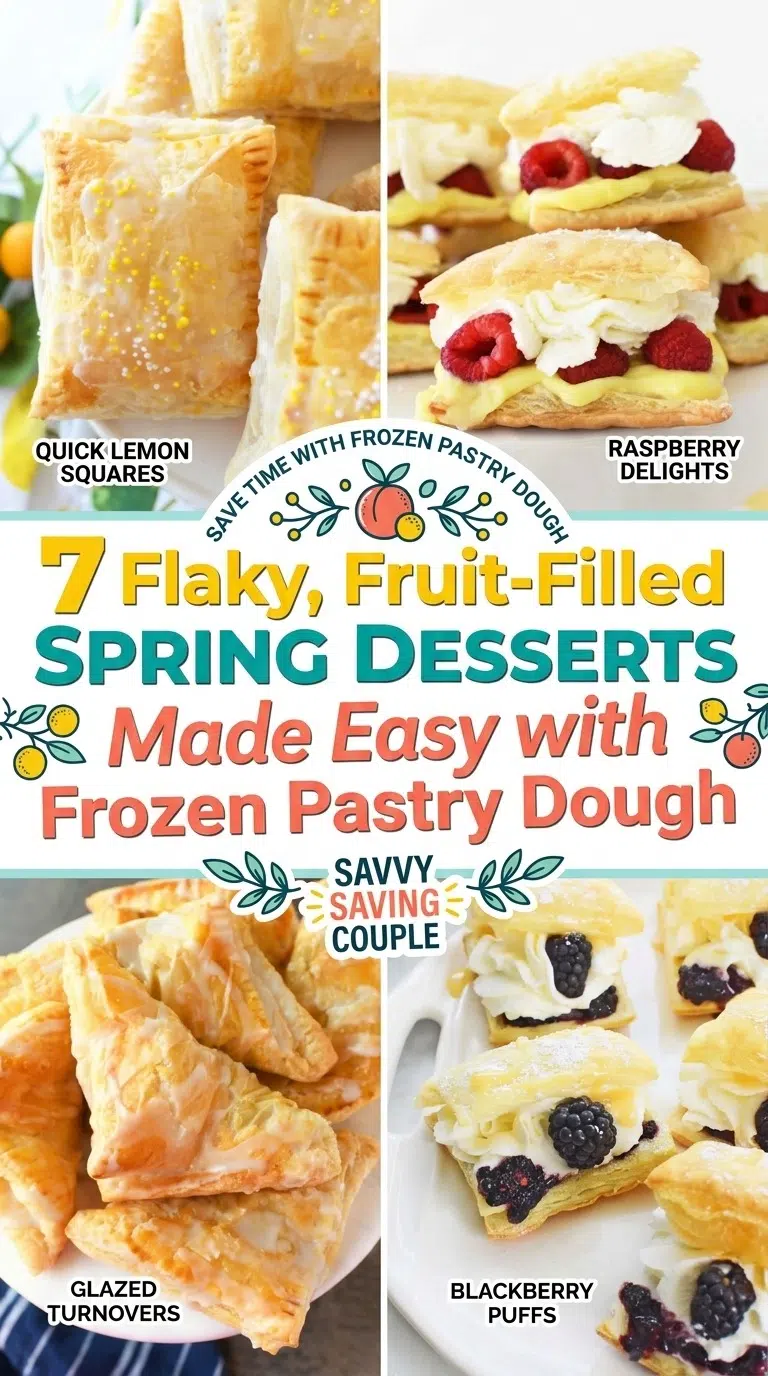 A pinterest collage images showcasing spring puff pastry desserts. Image contains text that reads: 7 flaky, fruit-filled spirng desserts made easy with frozen puff pastry.