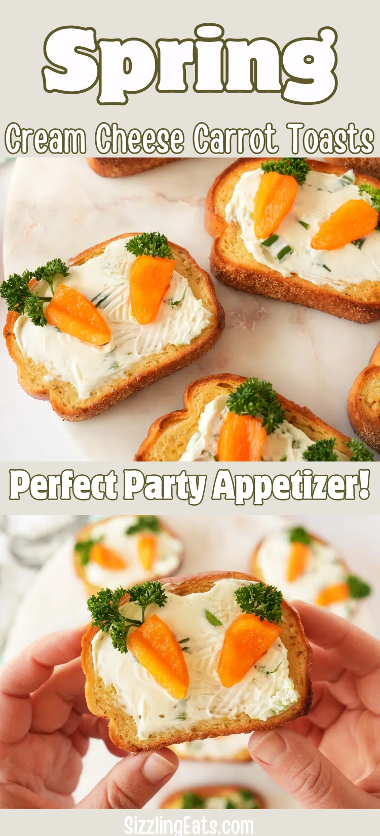 A Pinterest image of carro patch toasts. Image contains text that reads: Spring carrot cream cheese toasts. The perfect spring appetizer.