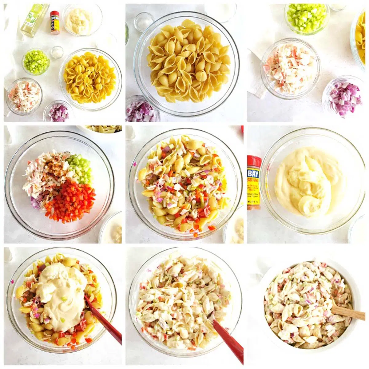 A nine image collage showcasing the steps to make seafood pasta salad in a glass bowl.