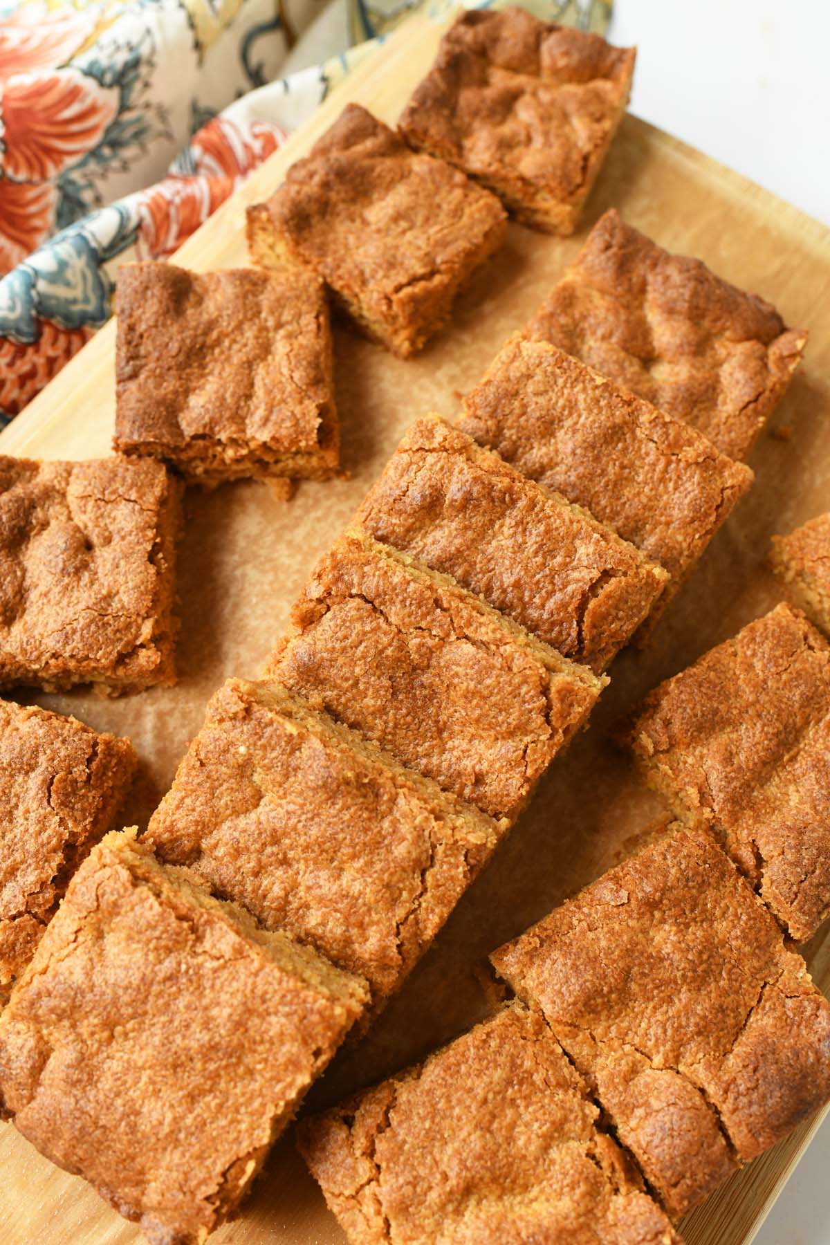 Peanut Butter blondies on a cutting board.