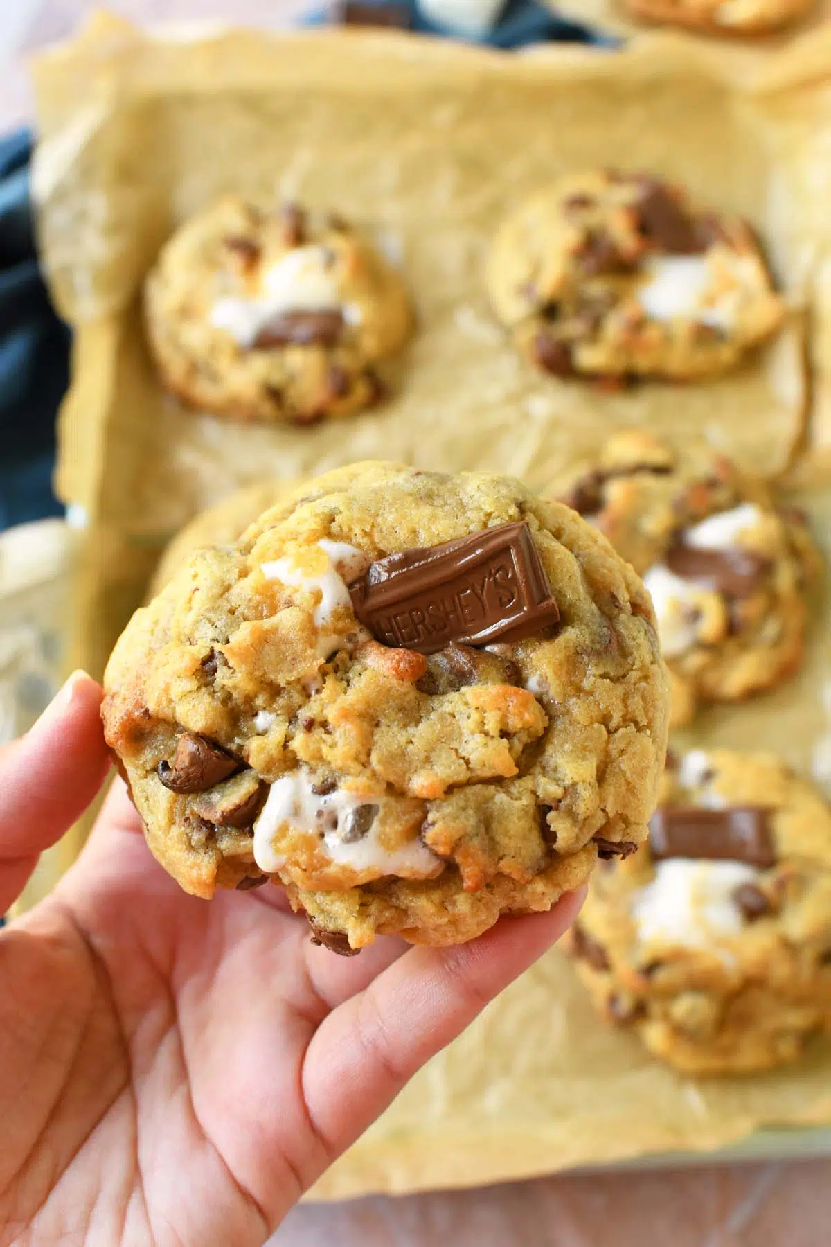 A hand holding up an ooey, gooey, smores cookie.